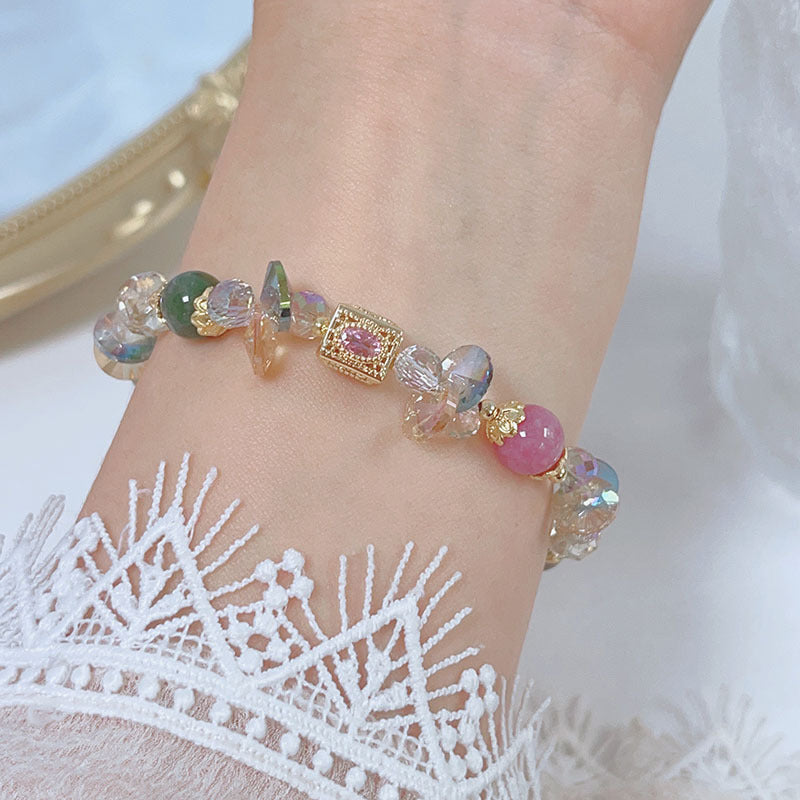 Colorful Beryl Bracelet with Metal Weaving and Zircon Butterfly