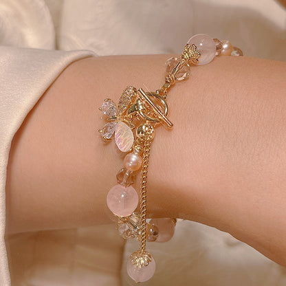 Pink Crystal Pearl Heart Butterfly Pendant Bracelet