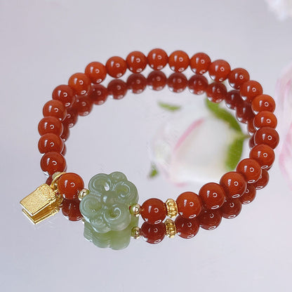 Red Agate Rabbit Pendant Bracelet and Hetian Jade Prosperity Flower Bracelet Set