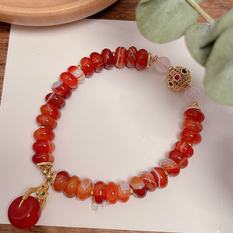 Natural Agate Wheel Bead Bracelet Ethnic Style Vintage Red Agate Safety Buckle Bamboo Pendant Bracelet Bead String