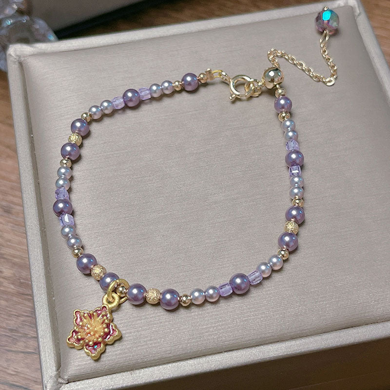 French Vintage Beaded Bracelet with Delicate Oil Droplet Flowers and Tulip Lucky Pendant for Girls