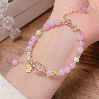 Original Design Pink and Purple Lucky Butterfly Natural Stone Freshwater Pearl Bracelet