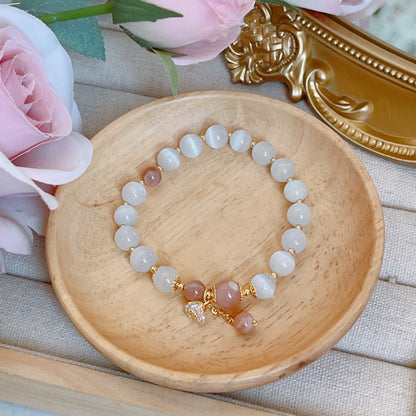 Fashionable Cat Eye Bead Bracelet with Luxurious Zircon Flower Pendant