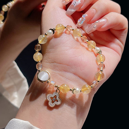 Natural Crystal Bracelet with Hollow Lucky Clover Pendant Gray Moonlight Yellow Hair Crystal Bead String Bracelet Crystal Stone Jewelry