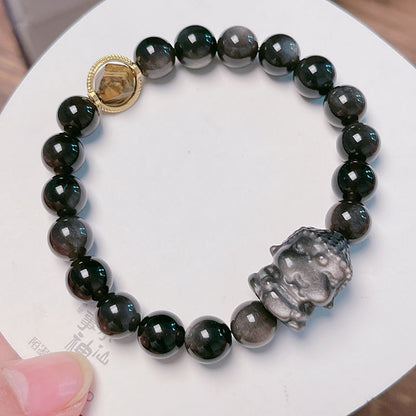 Silver Obsidian Infinite Guanyin Buddha Couple Bracelet Lady Guanyin Men Buddha Life Year Guardian Bracelet Gift Girlfriend