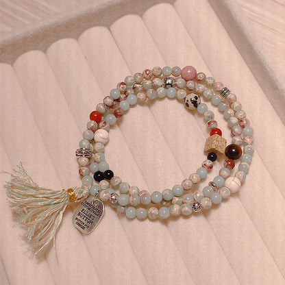 Chinese Style Beaded Triple-layer Bracelet with Shoushan Stone, Picture Stone, Red Vein Stone Tassel Bracelet