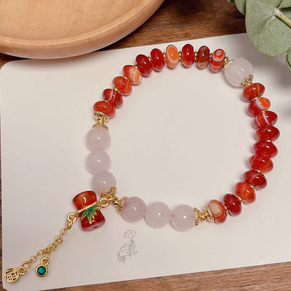 Natural Agate Wheel Bead Bracelet Ethnic Style Vintage Red Agate Safety Buckle Bamboo Pendant Bracelet Bead String