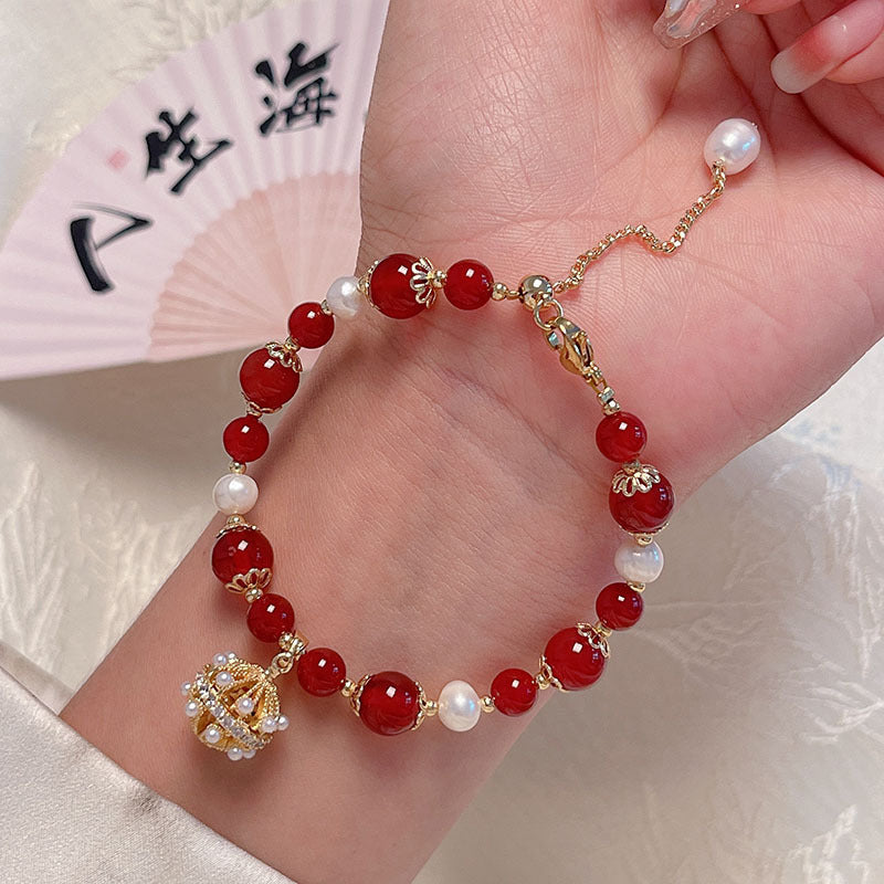 New Year Pearl Design Red Agate Bracelet Lucky Grass Bellflower Five Road God of Wealth Bracelet