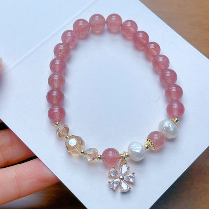 Minimalist Flower Bracelet with Crystal Strawberry Quartz and Citrine Beads