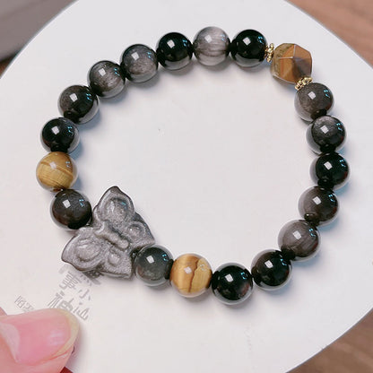 Natural Silver Obsidian Carved Cat Bracelet