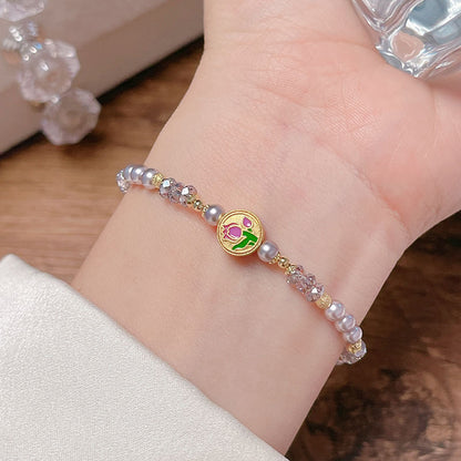 French Vintage Beaded Bracelet with Delicate Oil Droplet Flowers and Tulip Lucky Pendant for Girls