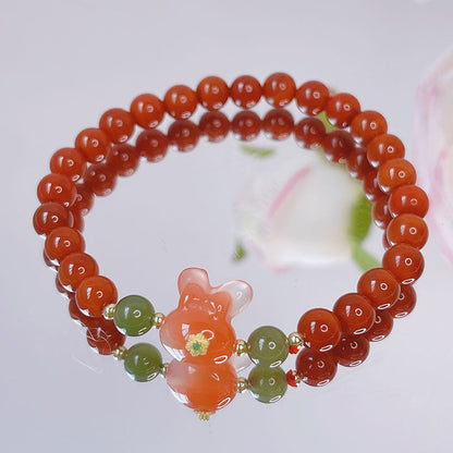 Red Agate Rabbit Pendant Bracelet and Hetian Jade Prosperity Flower Bracelet Set