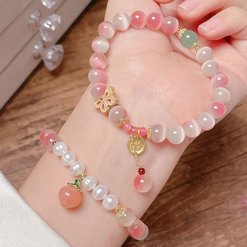 Fairy Pink Gradient Cat Eye Stone Bracelet Women INS Simple Design Peach Butterfly High-end Sense Bestie Accessory