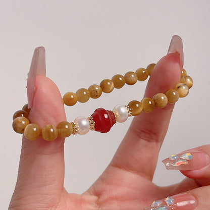 Lucky Tiger Eye Stone Bracelet with Folk Style Cloud and Flower Pendant