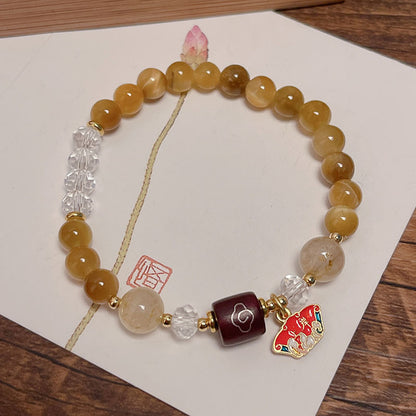 Lucky Tiger Eye Stone Bracelet with Folk Style Cloud and Flower Pendant