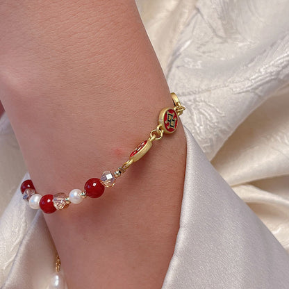 New Year Pearl Design Red Agate Bracelet Lucky Grass Bellflower Five Road God of Wealth Bracelet