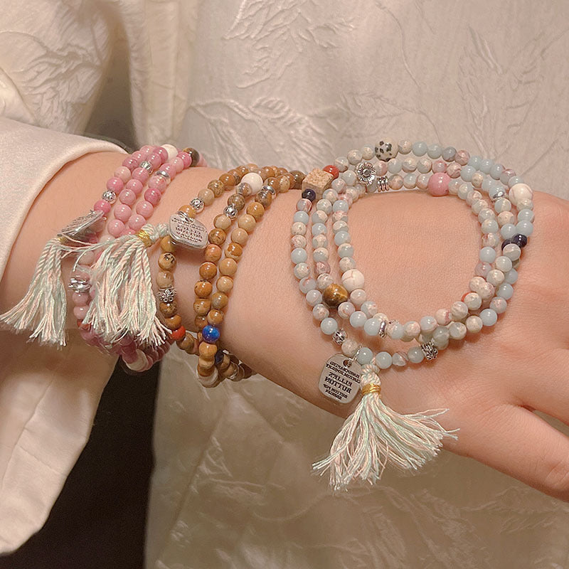 Chinese Style Beaded Triple-layer Bracelet with Shoushan Stone, Picture Stone, Red Vein Stone Tassel Bracelet