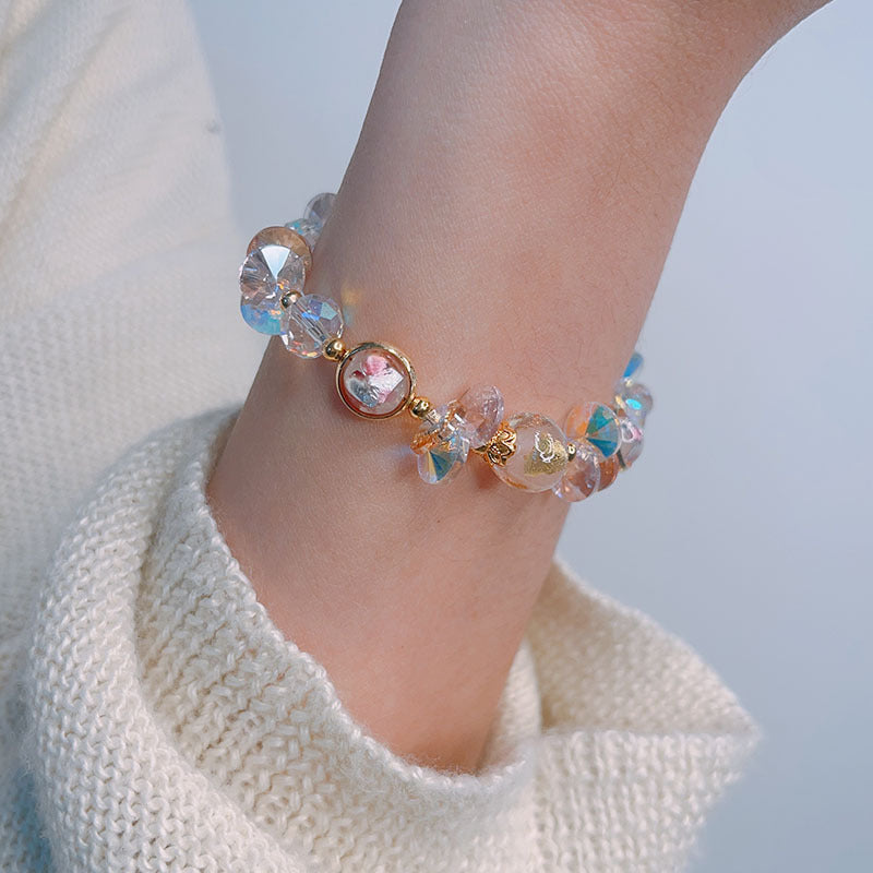 Colorful Beryl Bracelet with Metal Weaving and Zircon Butterfly