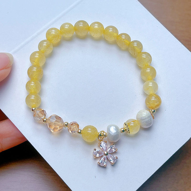 Minimalist Flower Bracelet with Crystal Strawberry Quartz and Citrine Beads