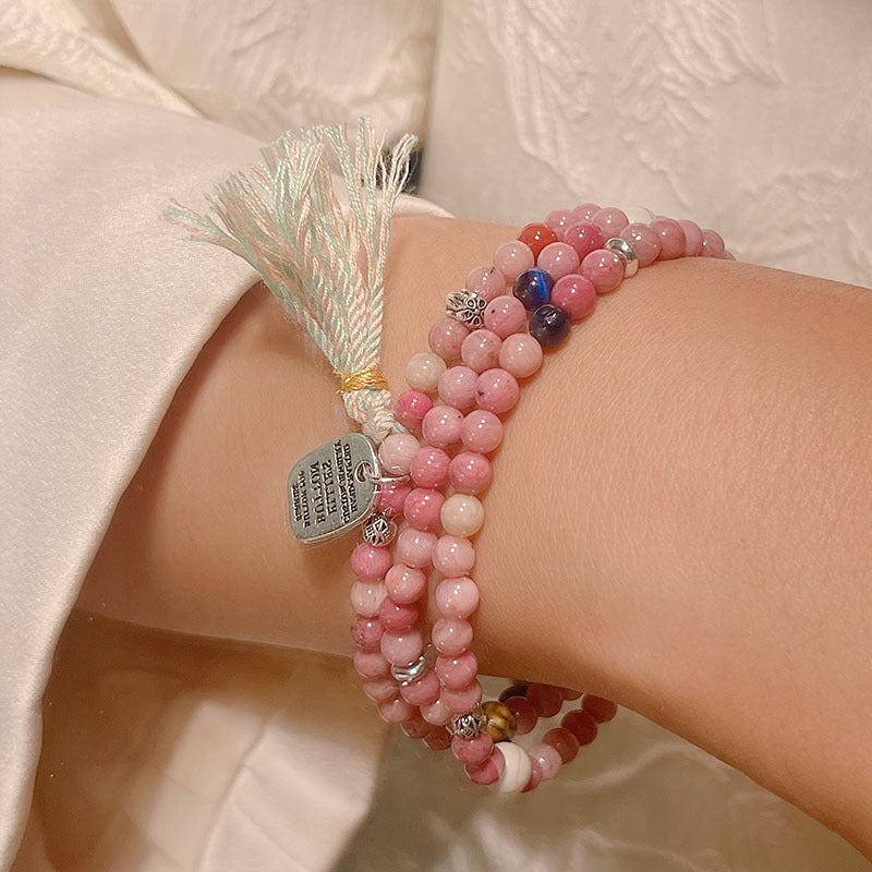 Chinese Style Beaded Triple-layer Bracelet with Shoushan Stone, Picture Stone, Red Vein Stone Tassel Bracelet