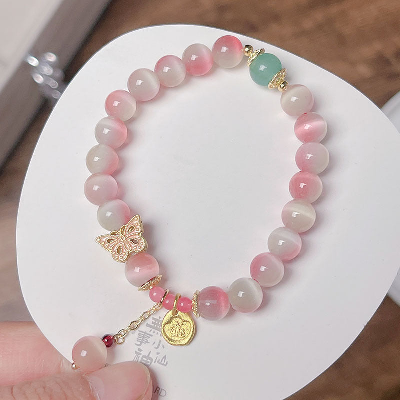 Fairy Pink Gradient Cat Eye Stone Bracelet Women INS Simple Design Peach Butterfly High-end Sense Bestie Accessory