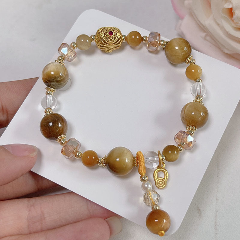 Lucky Tiger Eye Stone Bracelet with Folk Style Cloud and Flower Pendant