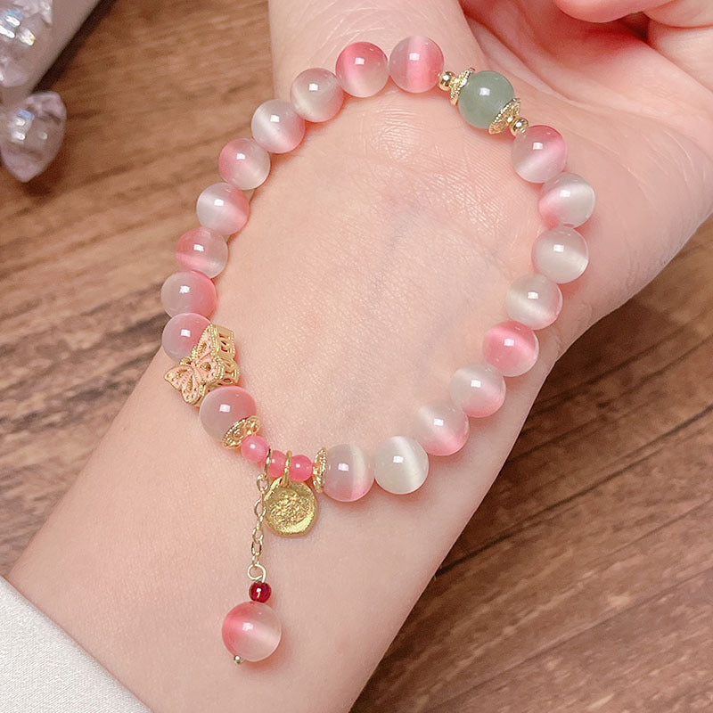 Fairy Pink Gradient Cat Eye Stone Bracelet Women INS Simple Design Peach Butterfly High-end Sense Bestie Accessory