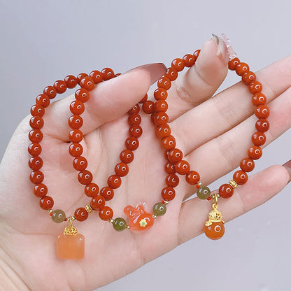 Red Agate Rabbit Pendant Bracelet and Hetian Jade Prosperity Flower Bracelet Set