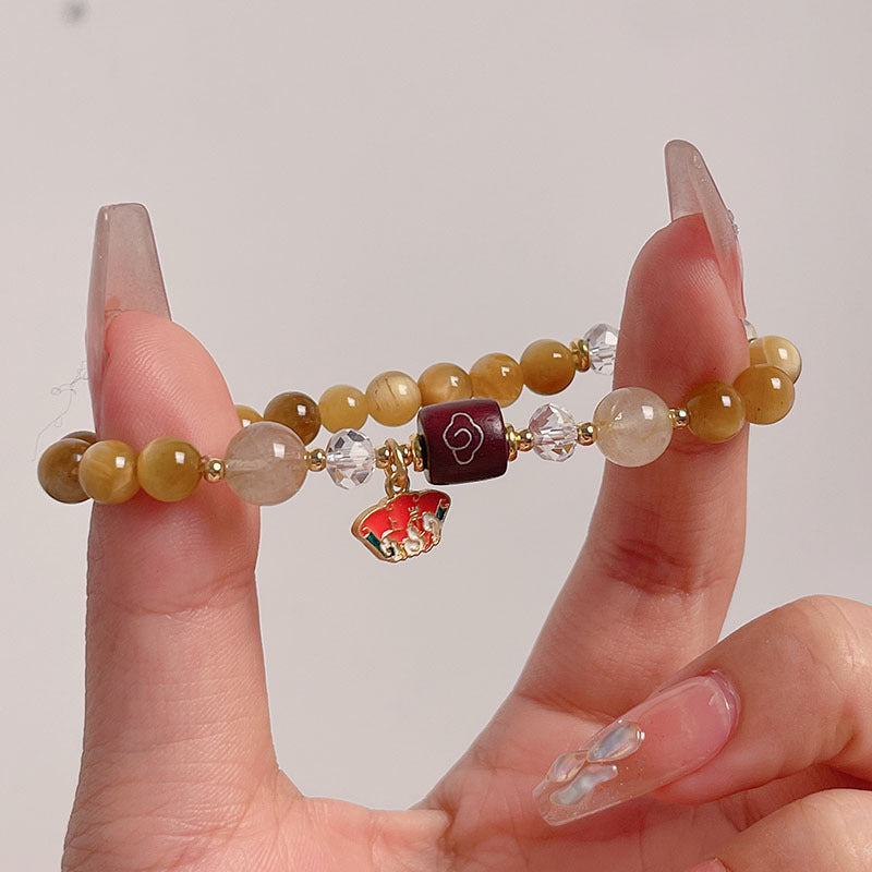 Lucky Tiger Eye Stone Bracelet with Folk Style Cloud and Flower Pendant