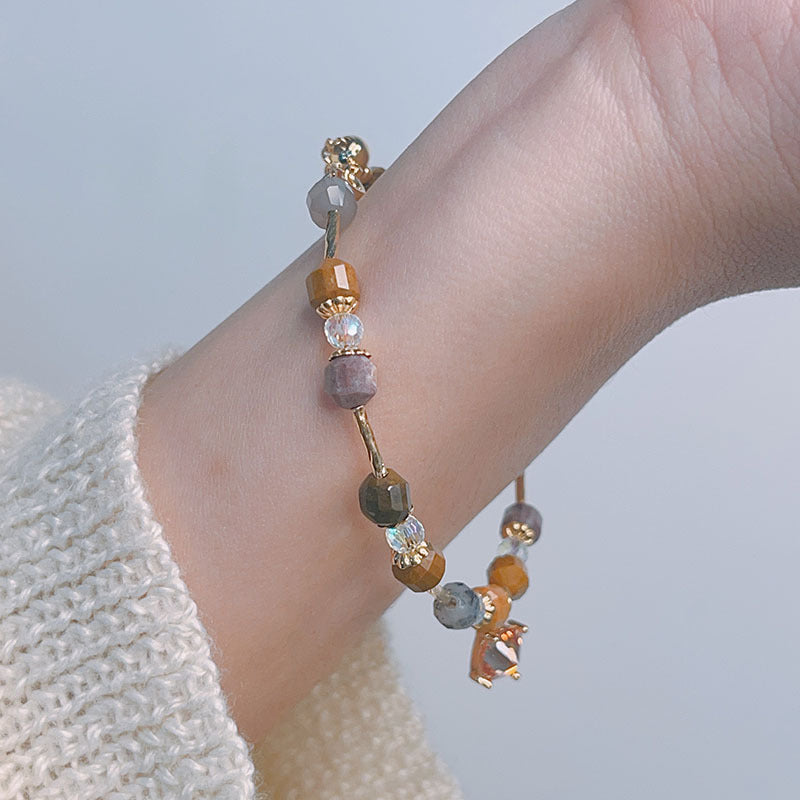 Colorful Beryl Bracelet with Metal Weaving and Zircon Butterfly