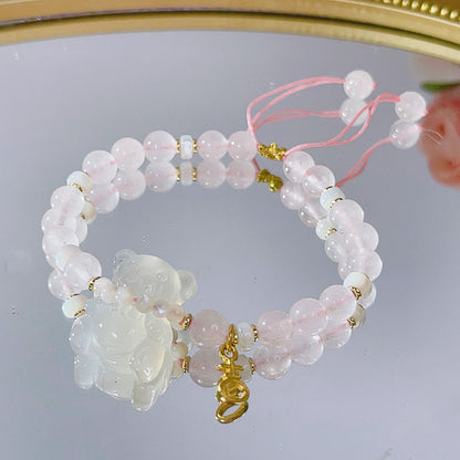 Handmade Rope Design White Agate Rabbit Bear Bracelet Green Strawberry Crystal Pink Crystal Bead Pull Bracelet