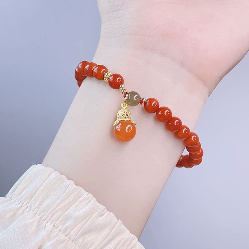 Red Agate Rabbit Pendant Bracelet and Hetian Jade Prosperity Flower Bracelet Set