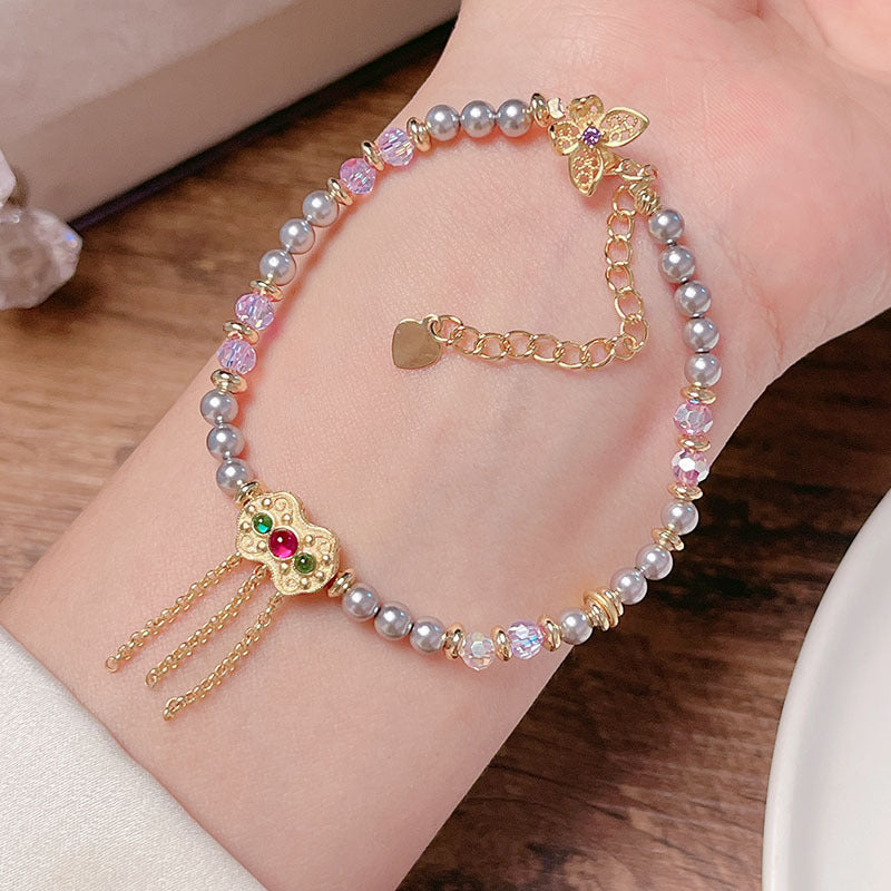 French Vintage Beaded Bracelet with Delicate Oil Droplet Flowers and Tulip Lucky Pendant for Girls