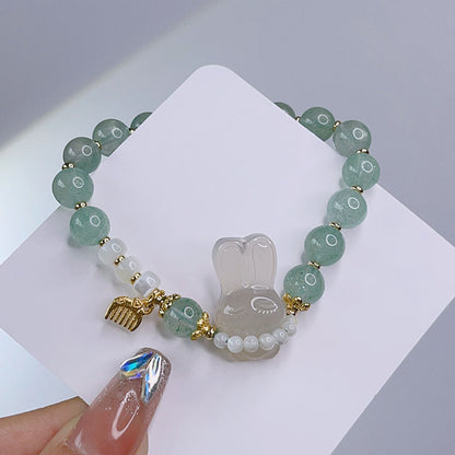 Handmade Rope Design White Agate Rabbit Bear Bracelet Green Strawberry Crystal Pink Crystal Bead Pull Bracelet