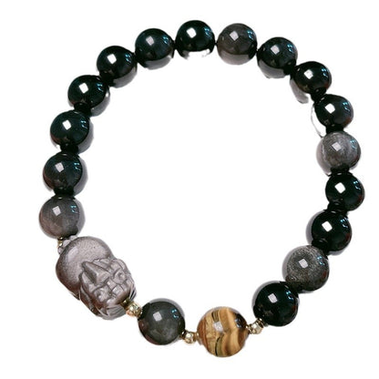 Natural Silver Obsidian Bracelet with Lion Head Pi Xiu Couple Bracelet