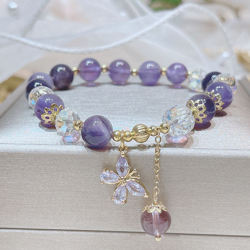 Summer New Purple Crystal Butterfly Bracelet Sweet ins Small Design Natural Strawberry Crystal Butterfly Pendant Bracelet Female