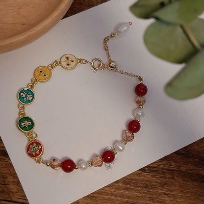 New Year Pearl Design Red Agate Bracelet Lucky Grass Bellflower Five Road God of Wealth Bracelet