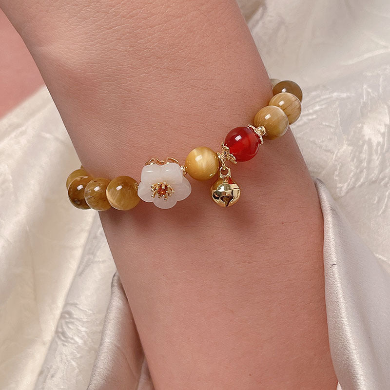 Lucky Tiger Eye Stone Bracelet with Folk Style Cloud and Flower Pendant