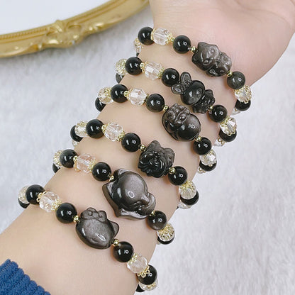 Silver Glitter Stone Carved Accessories Bracelet with Lucky Fox, Pixiu, Lion, etc. Beaded Crystal Bracelet Bestie Jewelry