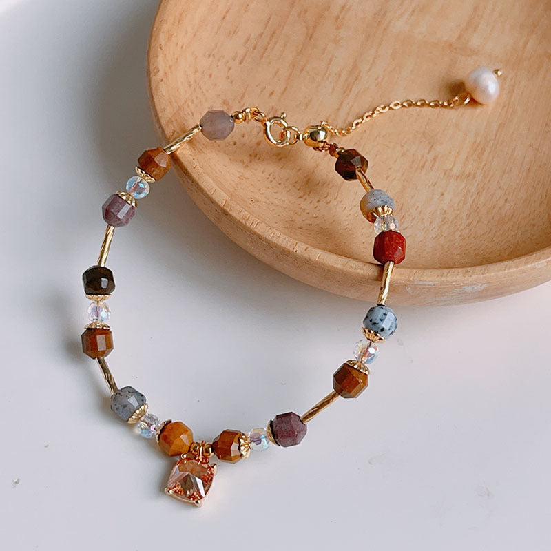 Colorful Beryl Bracelet with Metal Weaving and Zircon Butterfly