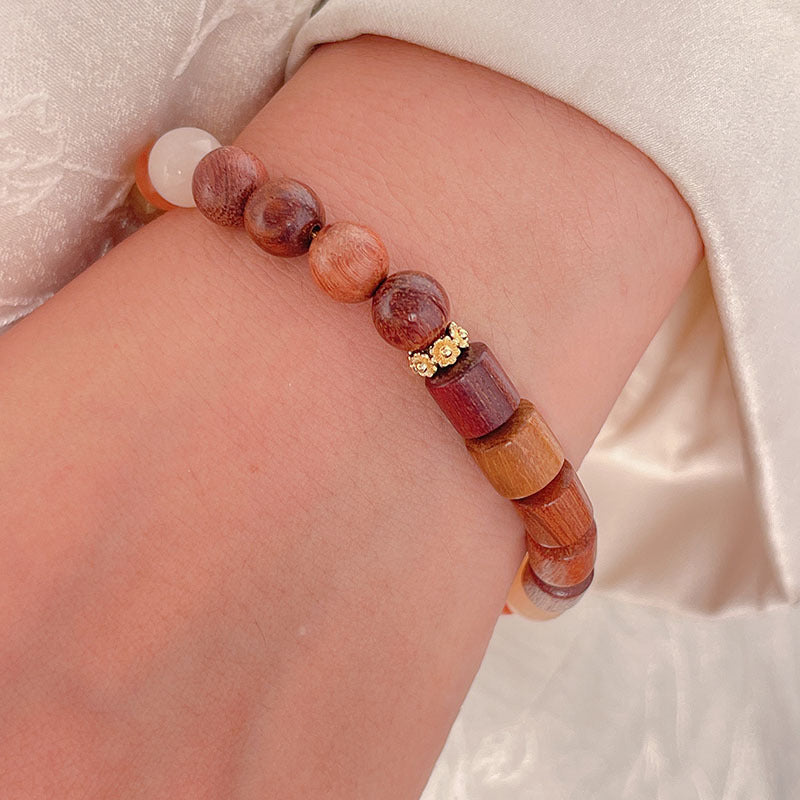 Vintage Chinese Wood Bead Bracelet with Gold Thread and Amethyst Crystal