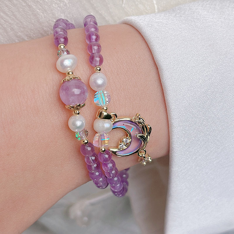 Double Circle Amethyst Crystal Bracelet with Moon Heart Pendant