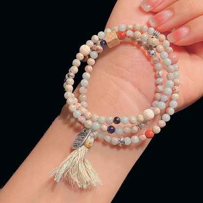 Chinese Style Beaded Triple-layer Bracelet with Shoushan Stone, Picture Stone, Red Vein Stone Tassel Bracelet