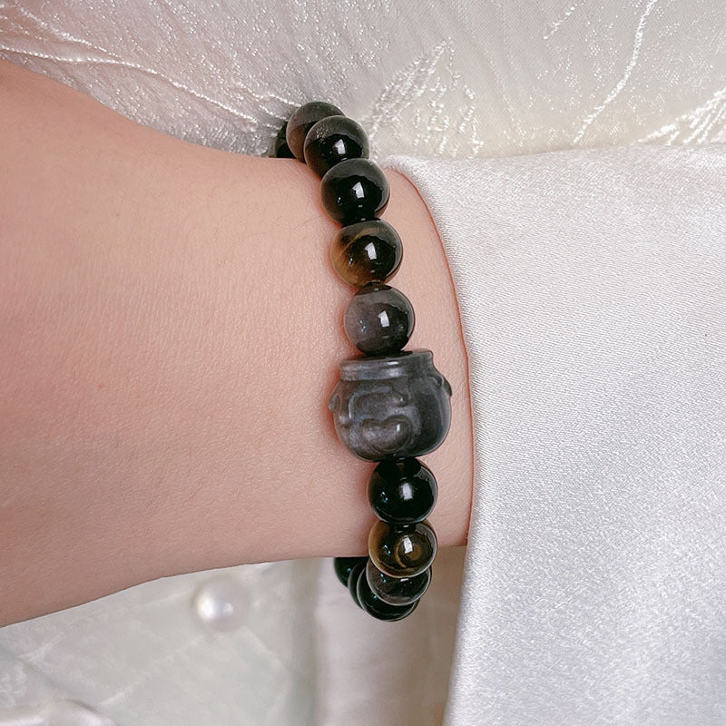 Natural Silver Obsidian Carved Lucky Carp Bracelet