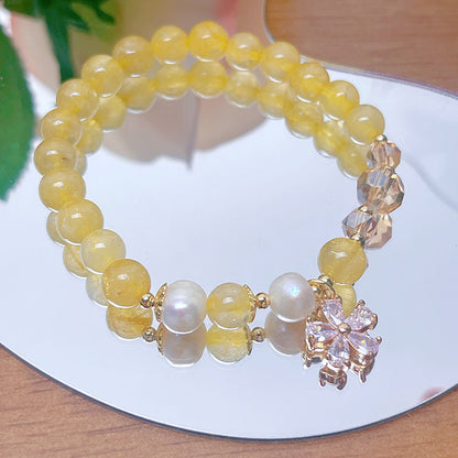 Minimalist Flower Bracelet with Crystal Strawberry Quartz and Citrine Beads