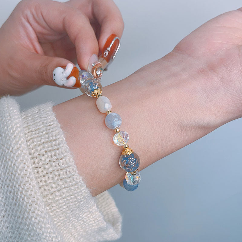 Colorful Beryl Bracelet with Metal Weaving and Zircon Butterfly