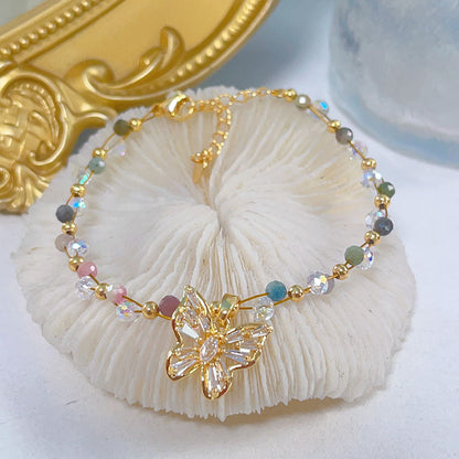 Colorful Beryl Bracelet with Metal Weaving and Zircon Butterfly