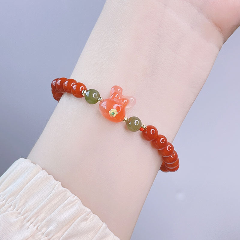 Red Agate Rabbit Pendant Bracelet and Hetian Jade Prosperity Flower Bracelet Set