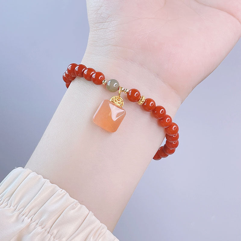 Red Agate Rabbit Pendant Bracelet and Hetian Jade Prosperity Flower Bracelet Set