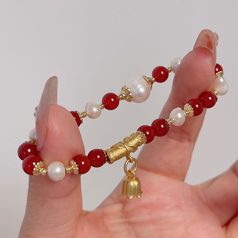 New Year Pearl Design Red Agate Bracelet Lucky Grass Bellflower Five Road God of Wealth Bracelet